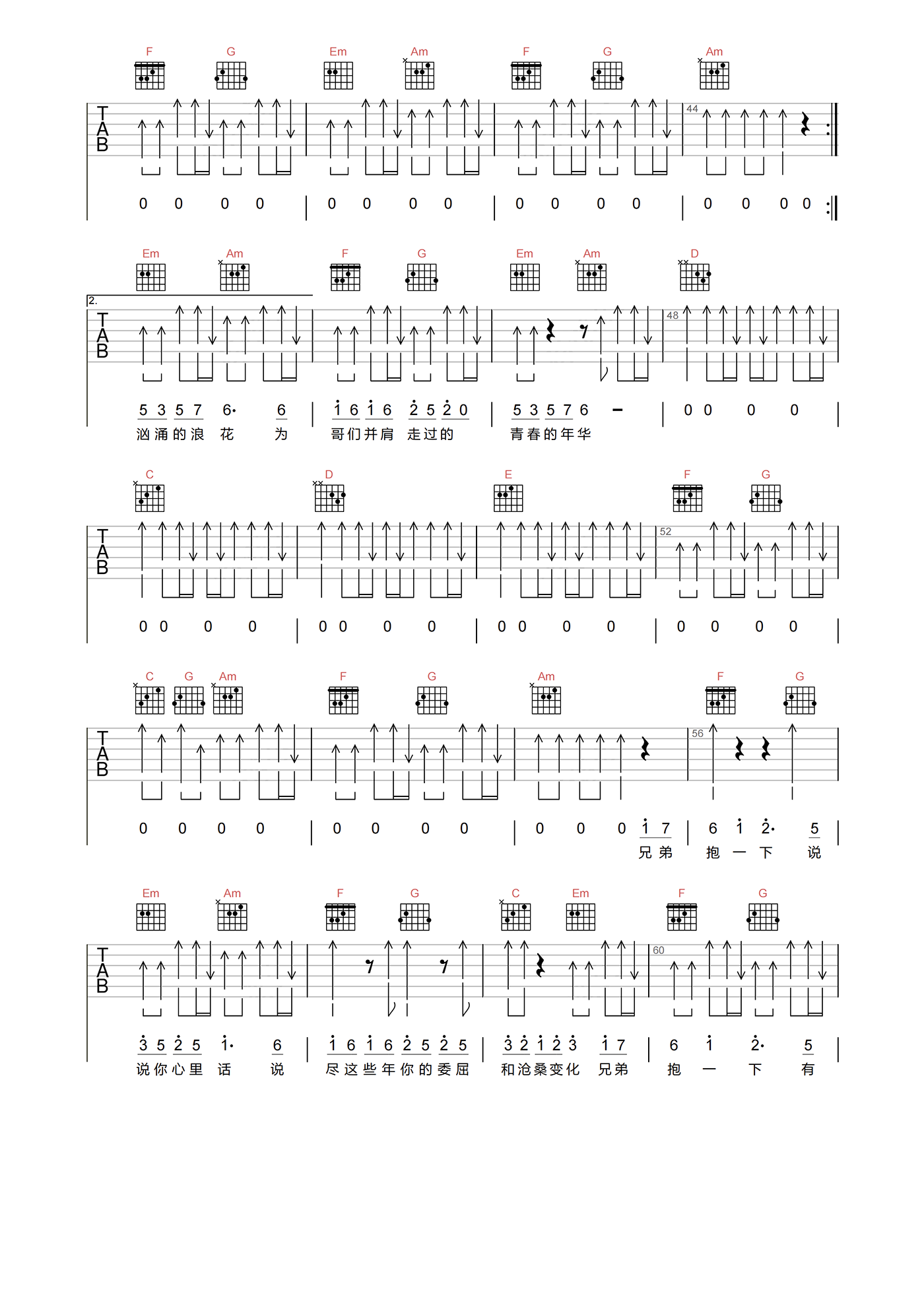 兄弟抱一下吉他谱-庞龙-C调原版编配-吉他弹唱六线谱1