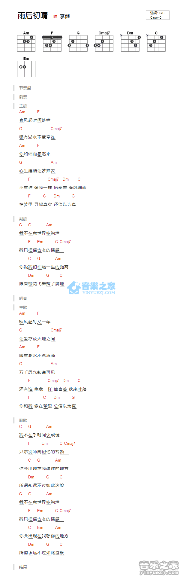 雨后初晴_吉他谱_C调版_李健1
