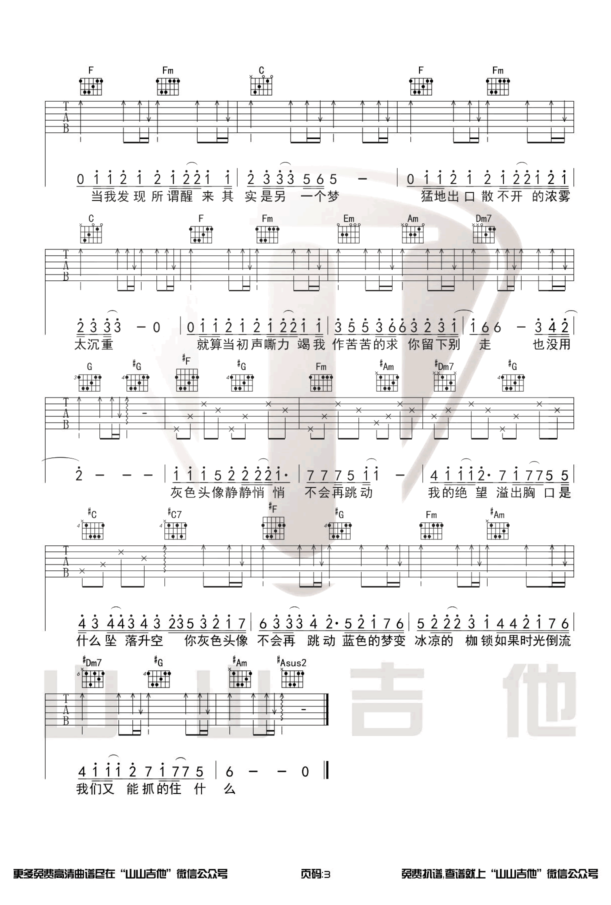 灰色头像吉他谱_许嵩_C调原版_《灰色头像》弹唱教学视频3