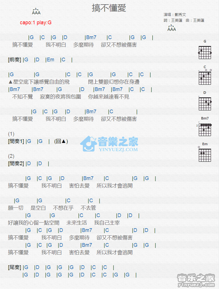 郑秀文《搞不懂爱》吉他和弦弹唱谱1