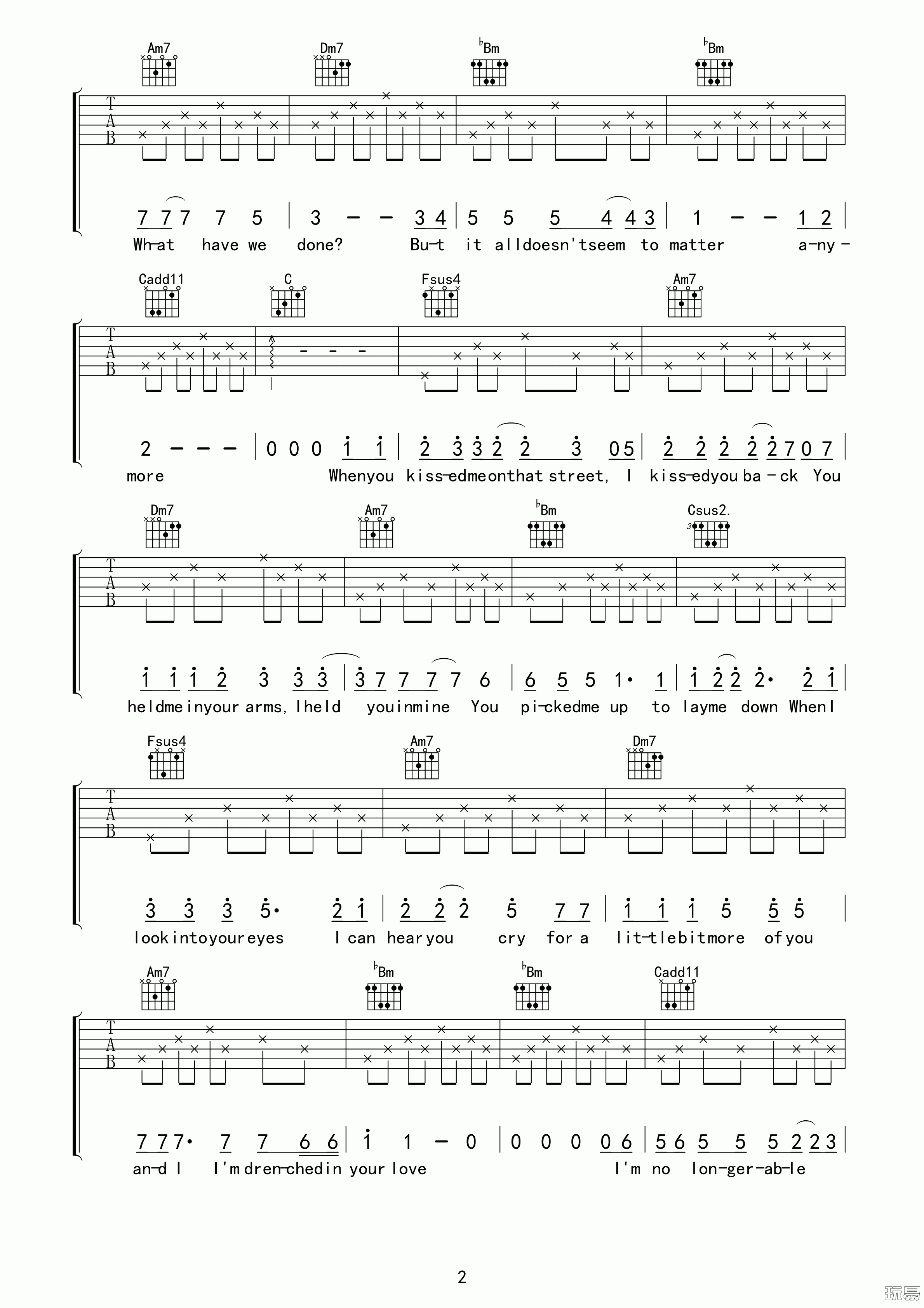 drenched吉他谱 F调高清版_玩易吉他编配_曲婉婷2