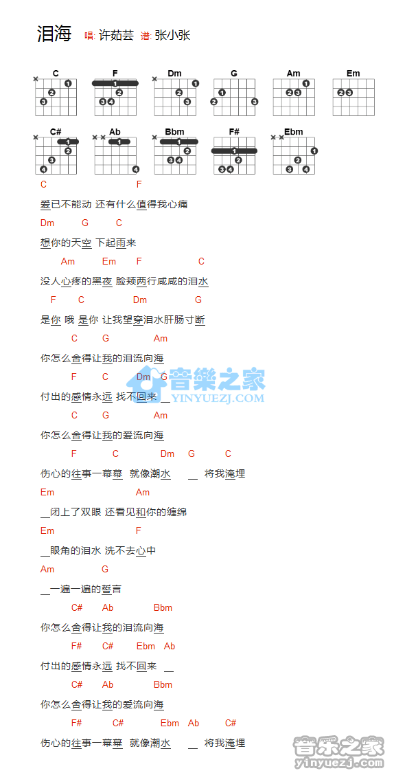 泪海吉他谱 C调和弦谱_音乐之家编配_许茹芸1