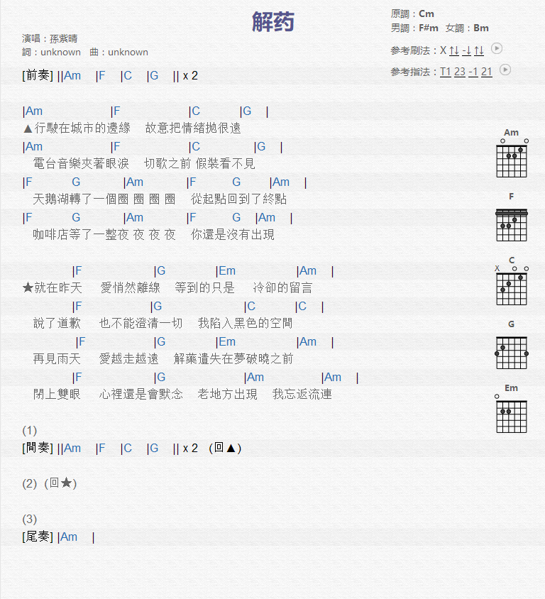 解药吉他谱_孙紫晴_吉他弹唱谱1