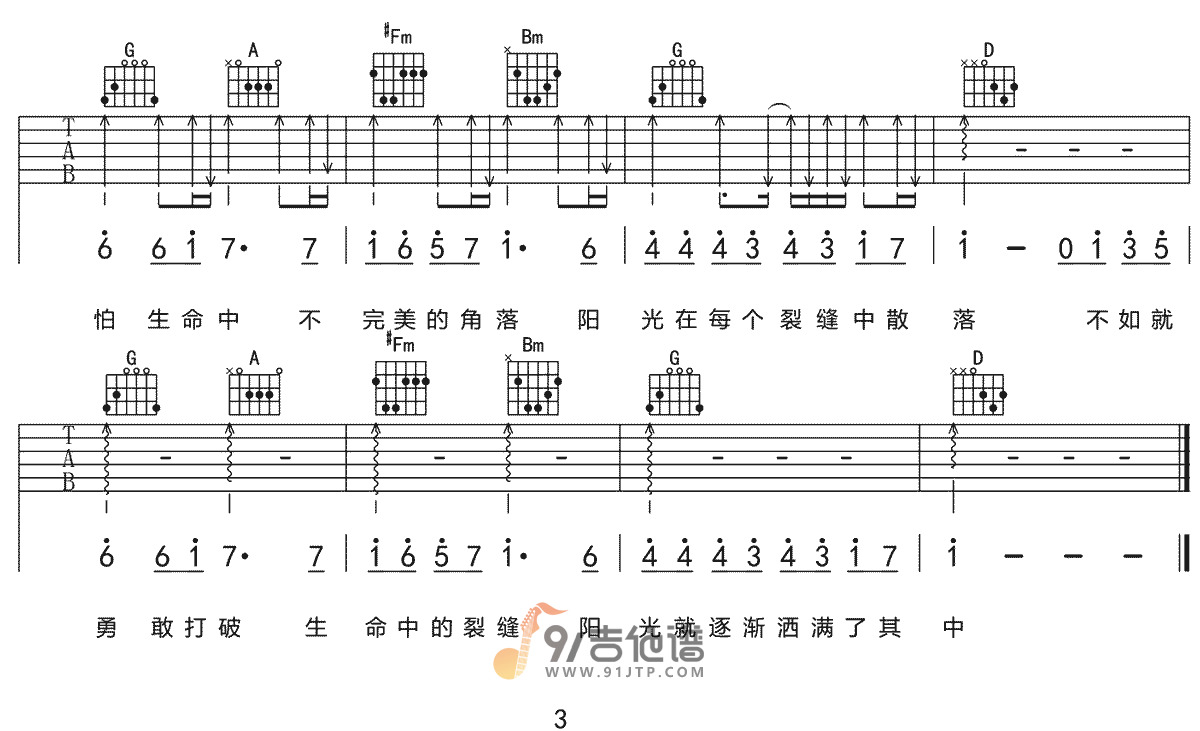 林俊杰《裂缝中的阳光》吉他谱 C调指法原版编配 民谣吉他弹唱六线谱3