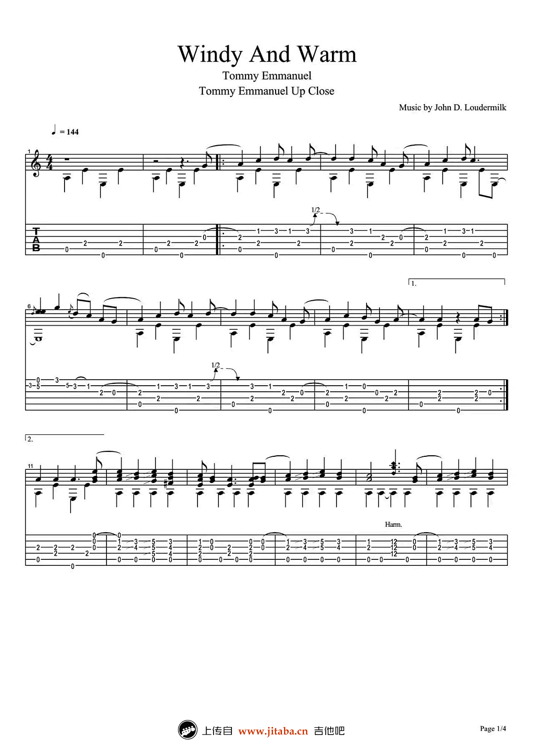 Windy And Warm指弹谱 原版六线谱-吉他吧编配-Tommy Emmanuel1