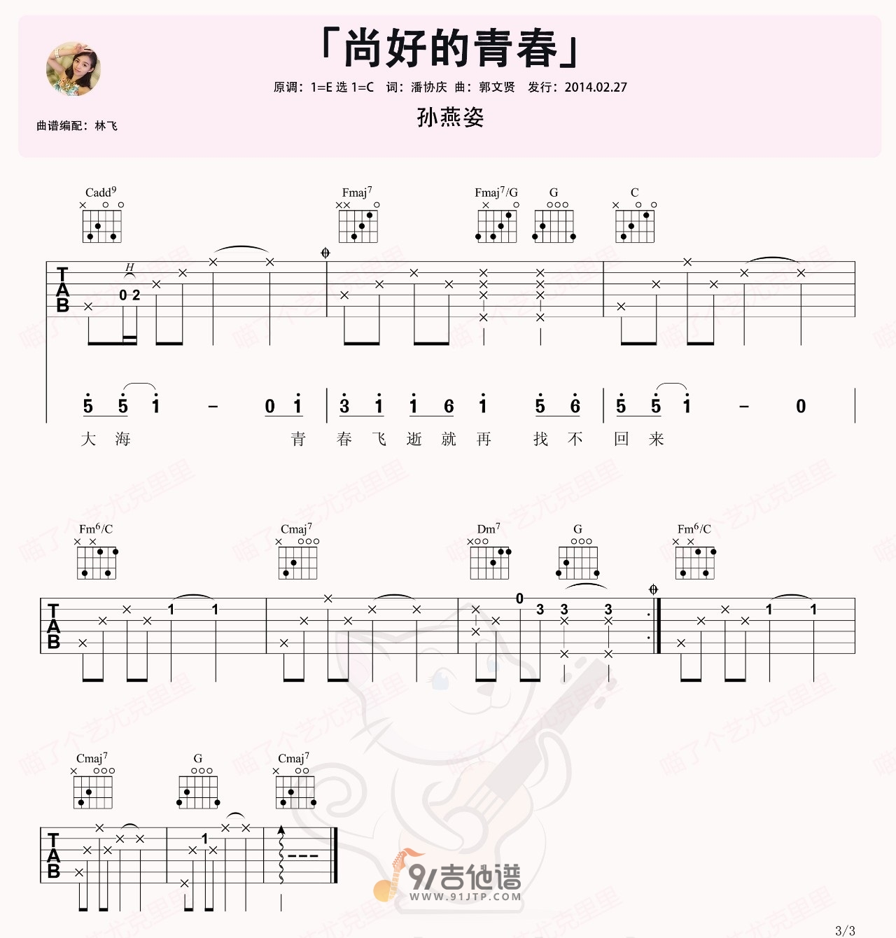 孙燕姿《尚好的青春》吉他谱 C调指法原版编配 民谣吉他弹唱六线谱3