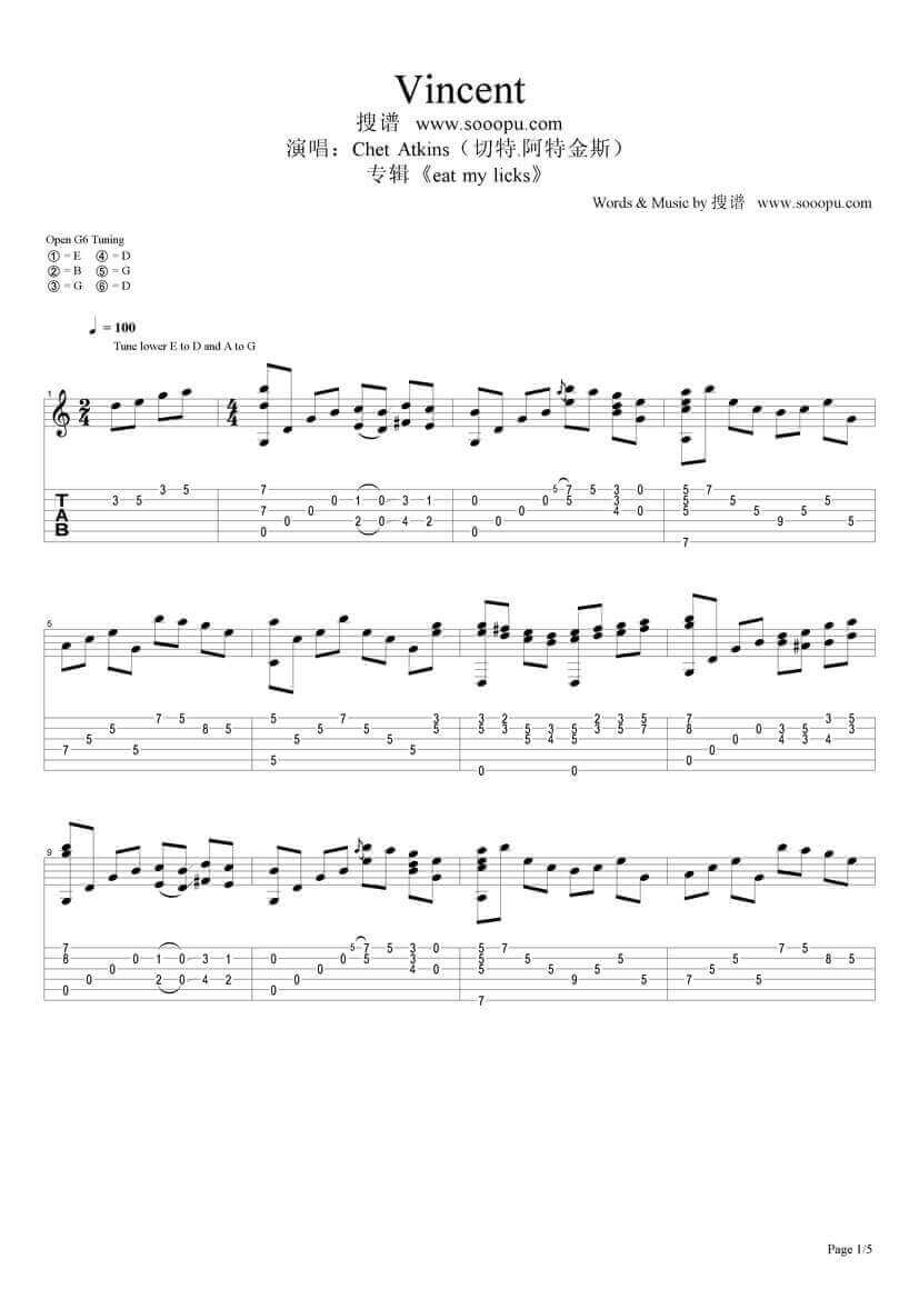 vincent指弹谱 原调六线谱-Chet Atkins1