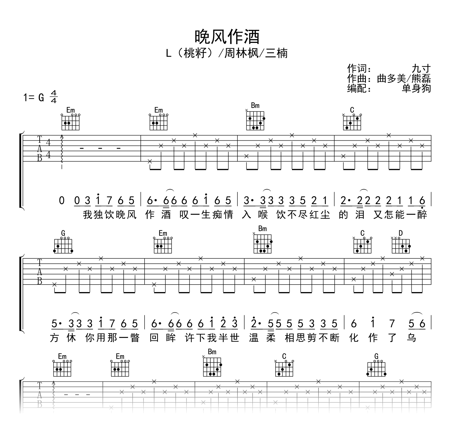 晚风作酒G调吉他谱_ L（桃籽）_吉他弹唱六线谱1