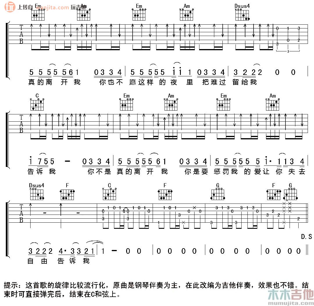 陈绮贞《告诉我》吉他谱_C调六线谱_《告诉我》高清图片谱1