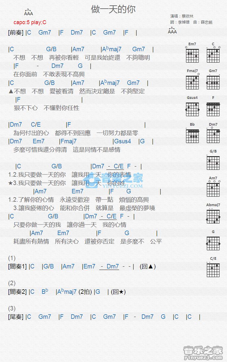 做一天的你吉他谱 C调版 蔡依林1