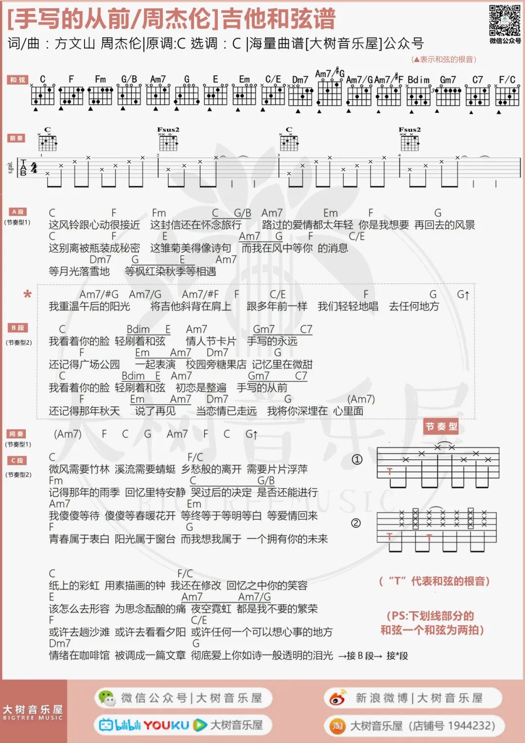 手写的从前吉他谱_周杰伦_C调六线谱/和弦谱_吉他弹唱教学4