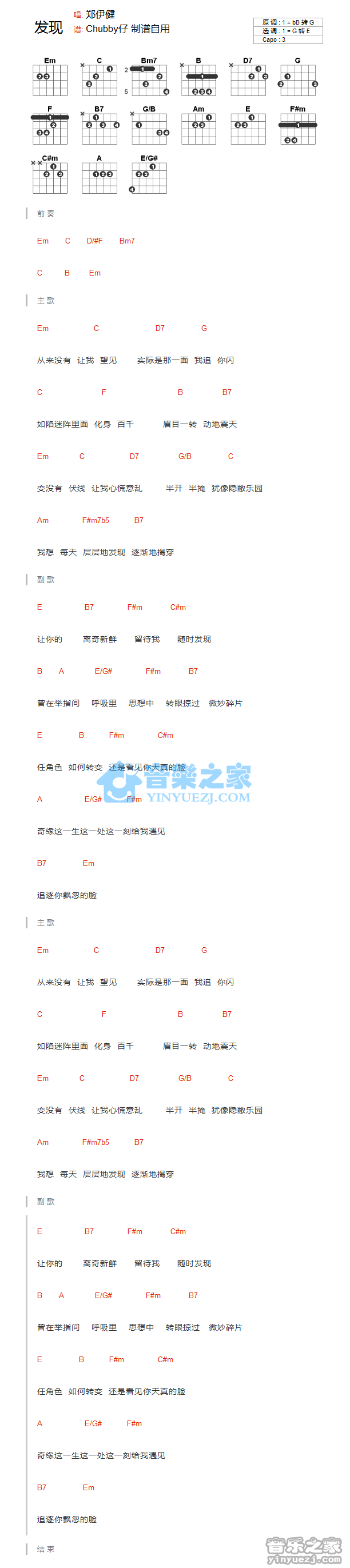 发现吉他谱 G调和弦谱_音乐之家编配_郑伊健1