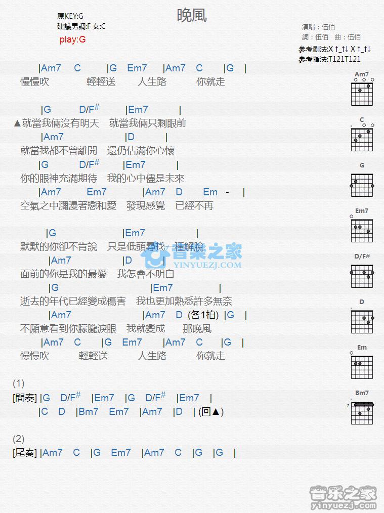 晚风吉他谱 G调版 伍佰1