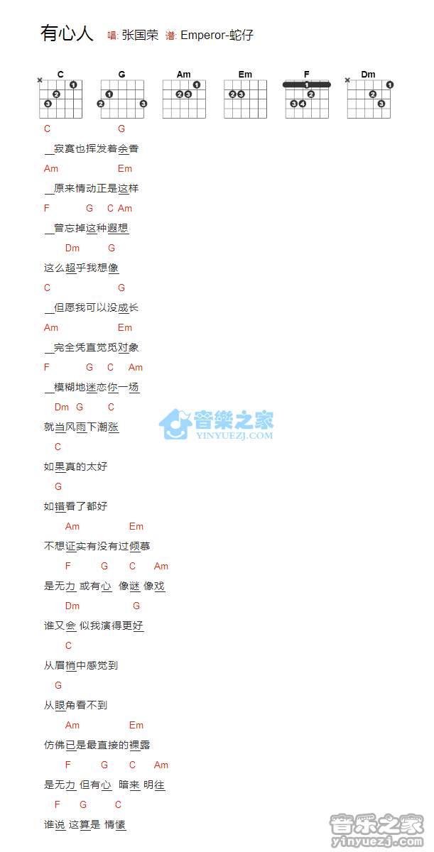有心人吉他谱 C调和弦谱_音乐之家编配_张国荣1