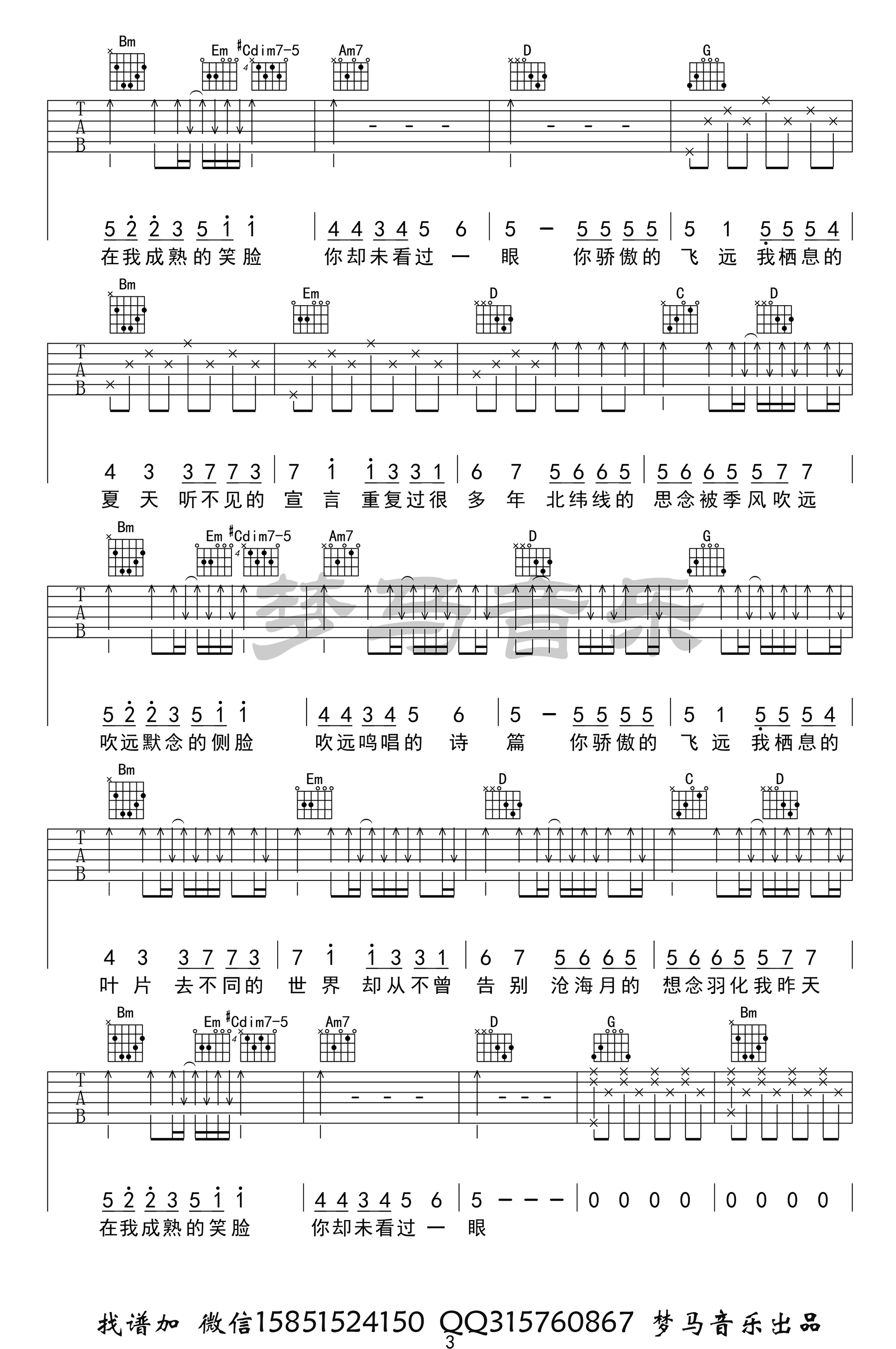 飞鸟和蝉吉他谱_任然_飞鸟和蝉G调原版_吉他弹唱六线谱3