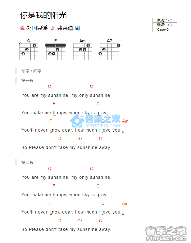 You Are My Sunshine_吉他谱_C调版_Jimmie Davis1