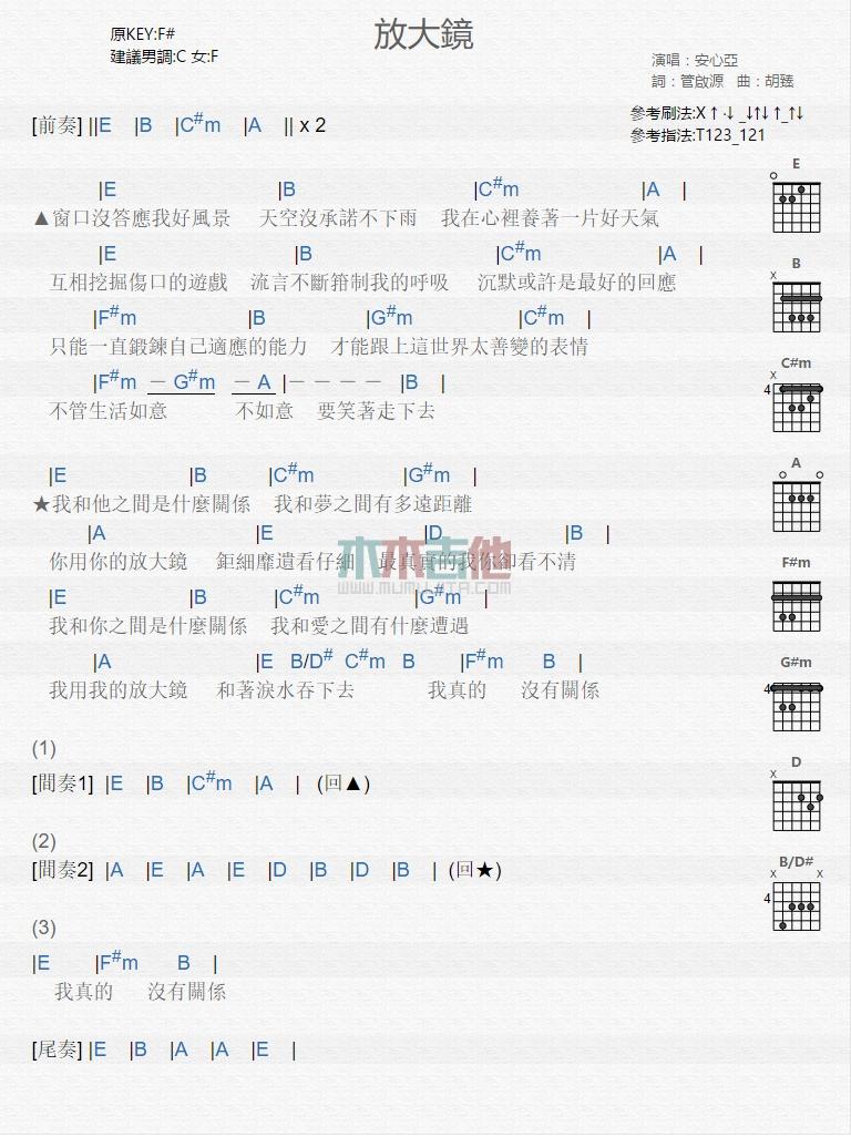放大镜吉他谱_安心亚_吉他弹唱谱1