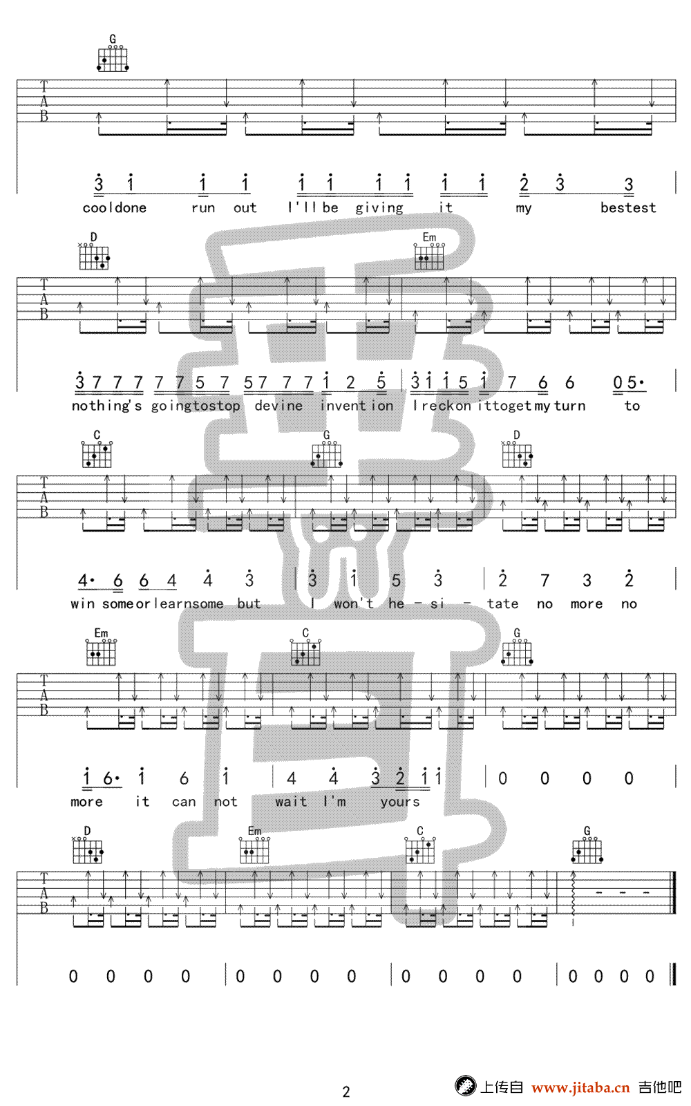 I'm yours吉他谱 Jason Mraz G调弹唱谱 图片谱1