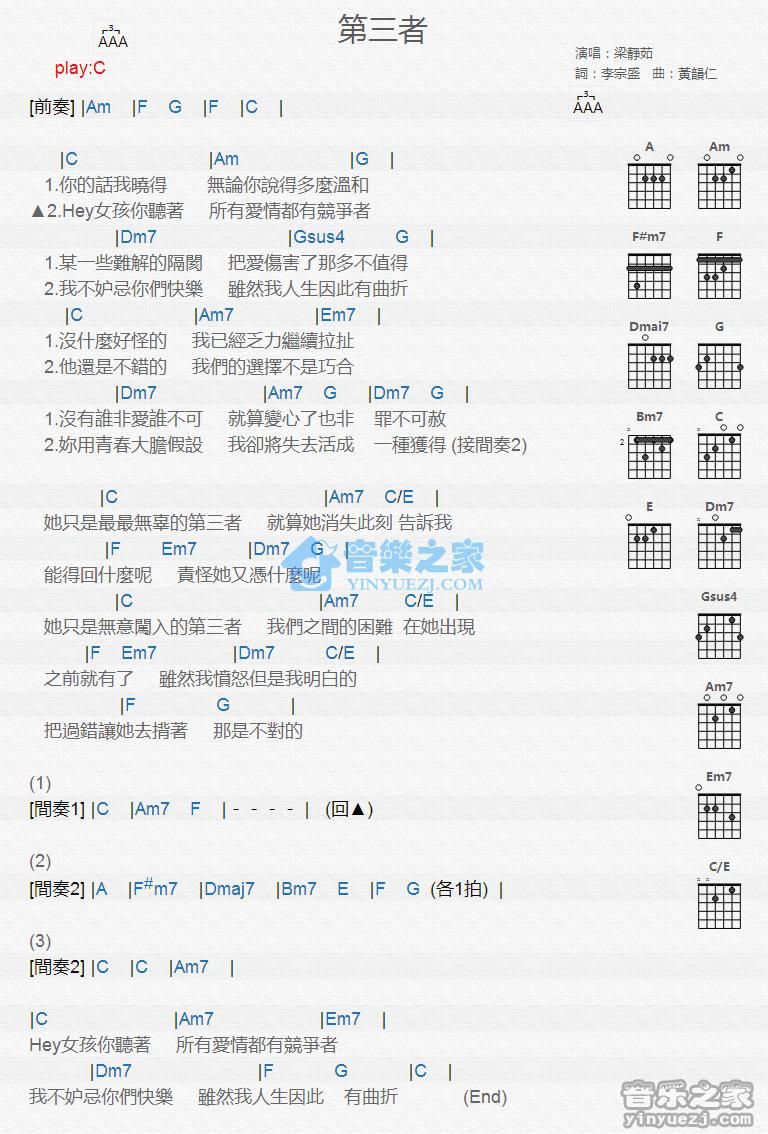 第三者吉他谱 C调版 梁静茹1
