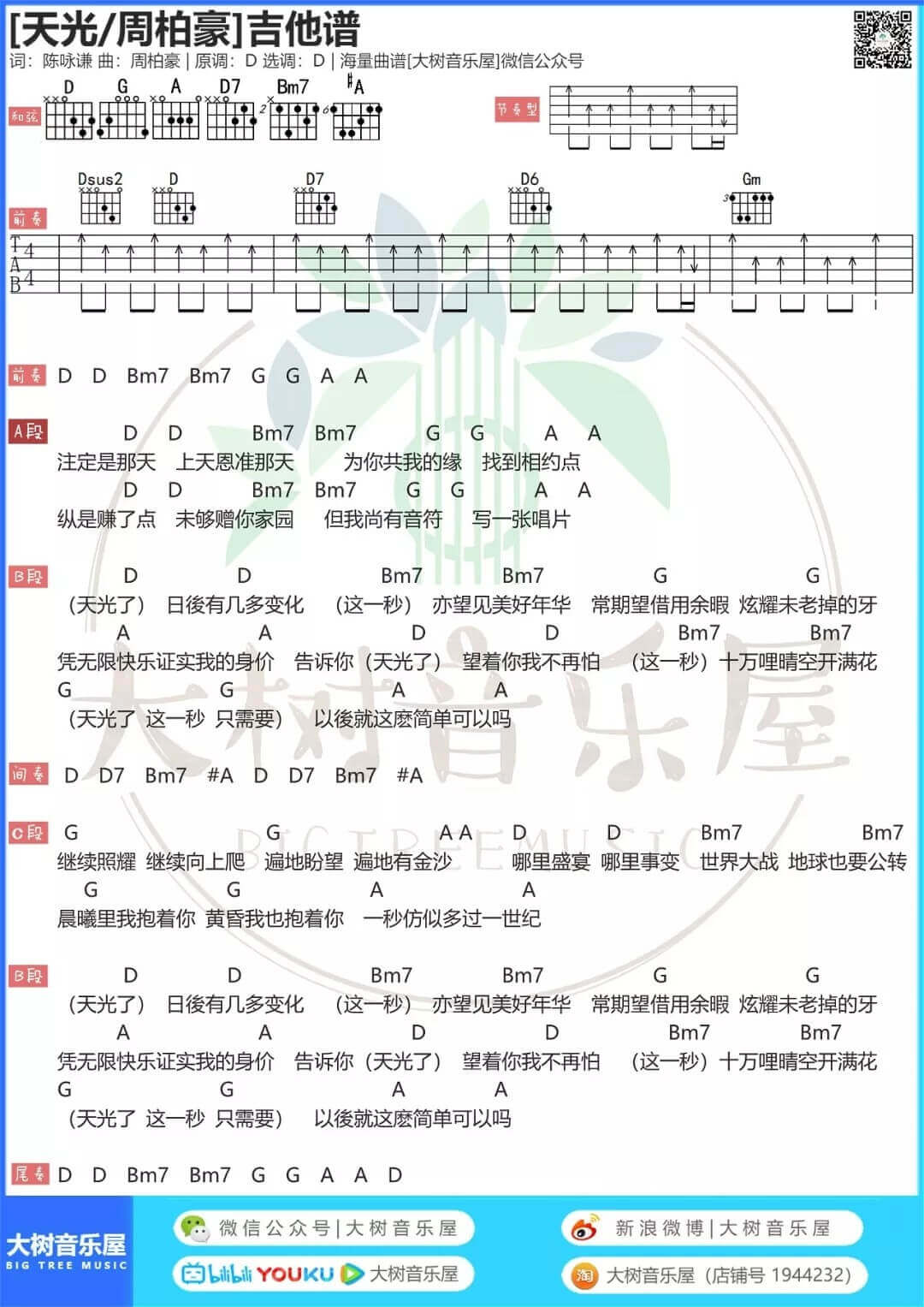 天光吉他谱 D调和弦谱-周柏豪1
