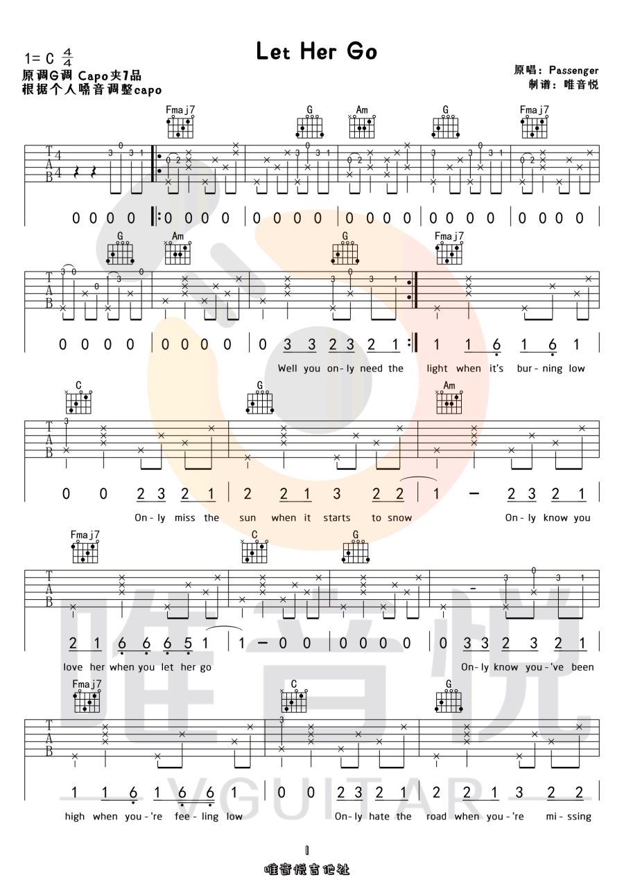 《Let Her Go》吉他谱_Passenger_C调原版弹唱谱_高清六线谱1