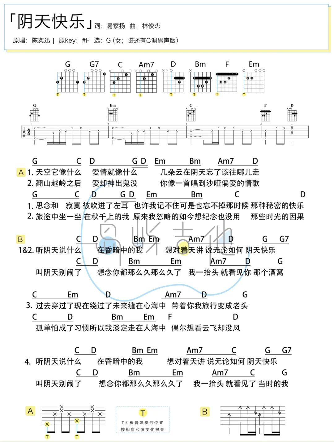 阴天快乐吉他谱-陈奕迅-G调男女原版-附女生演示教学1