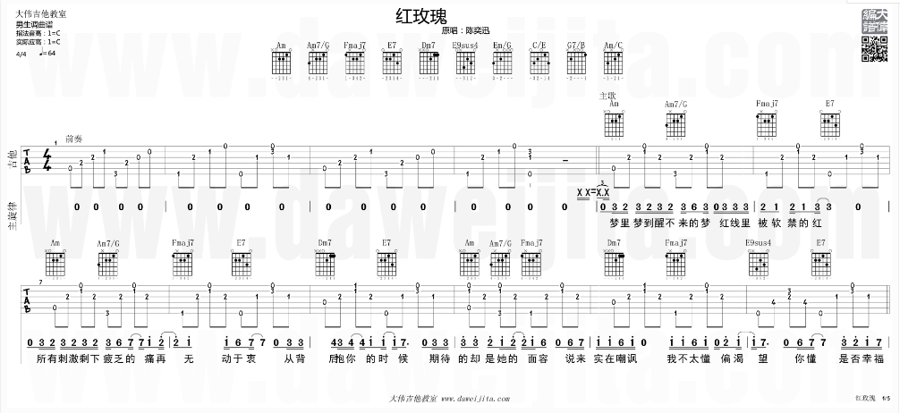 白玫瑰吉他谱 C调精选版_大伟吉他教室编配_陈奕迅1