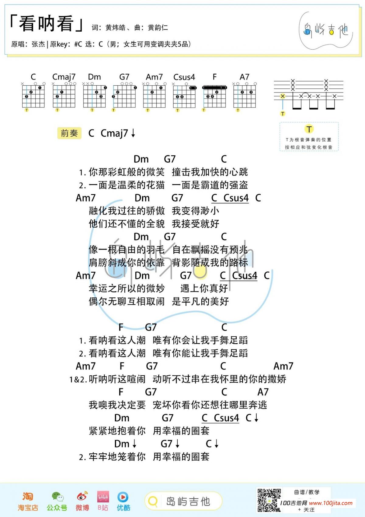 看呐看吉他谱_张杰_C调吉他谱2