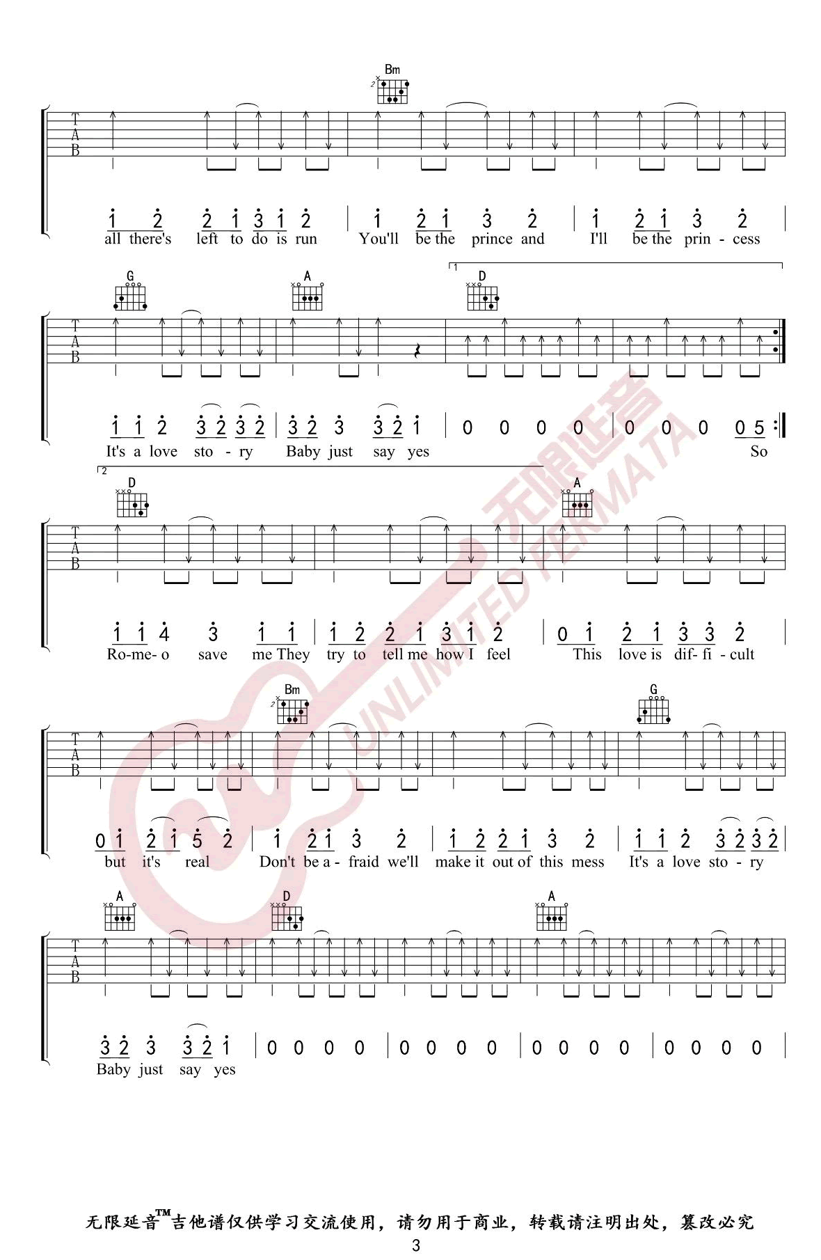 《Love Story》吉他谱_Taylor Swift_D调原版弹唱谱_高清六线谱3