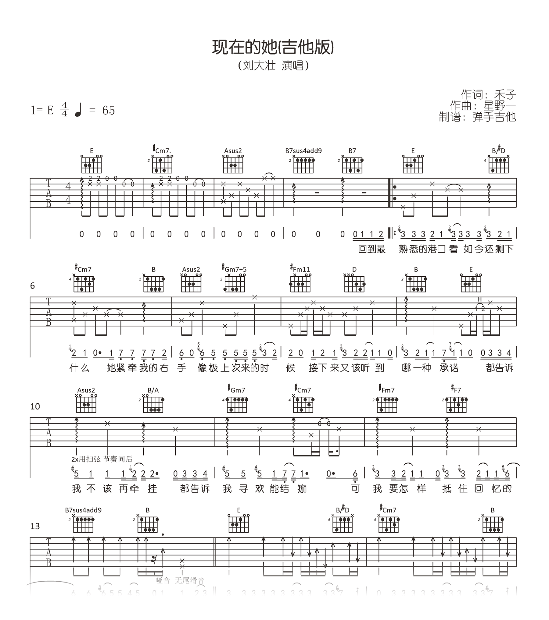 现在的她吉他谱_刘大壮_吉他版_弹唱六线谱1