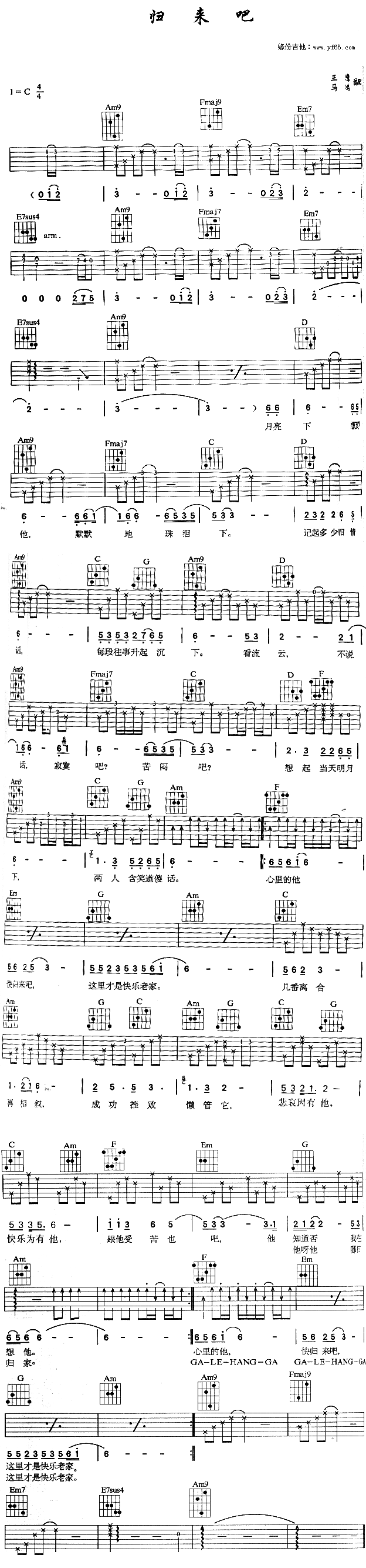 陈慧娴《归来吧》吉他谱_《归来吧》C调指法吉他谱1
