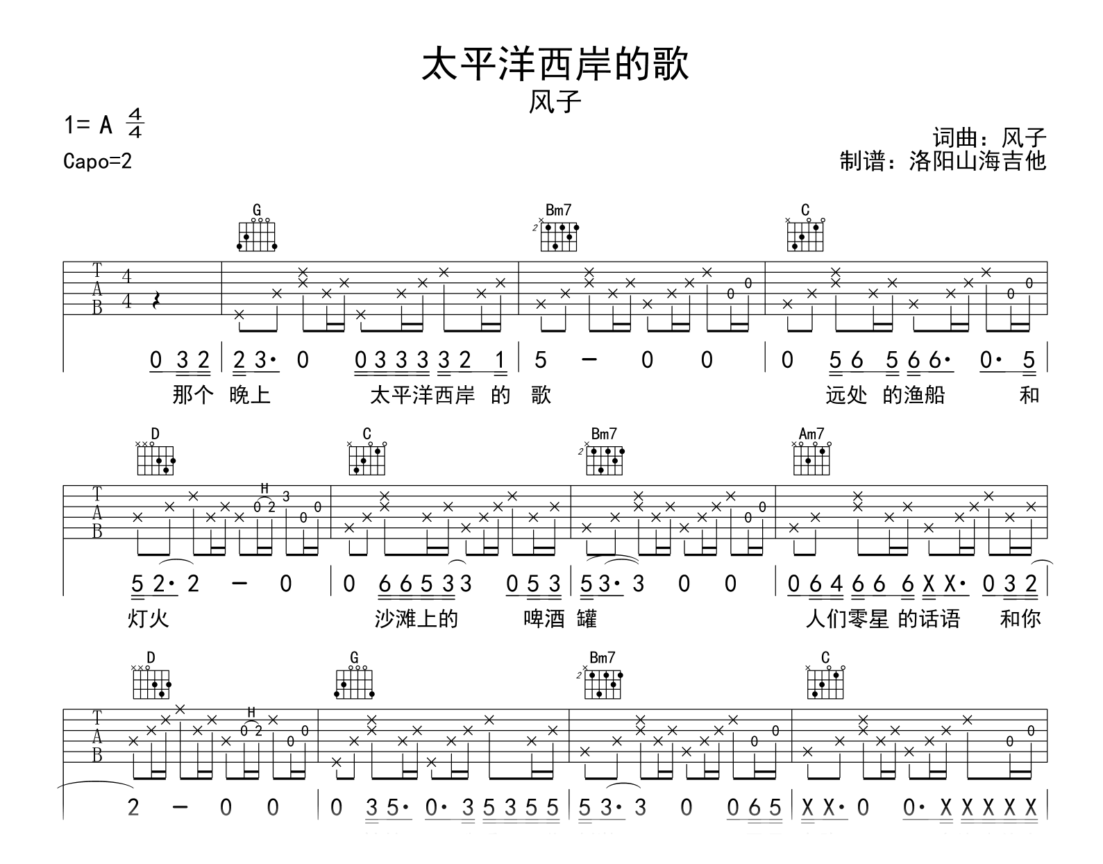 太平洋西岸的歌吉他谱_风子_G调弹唱谱_高清图片谱2
