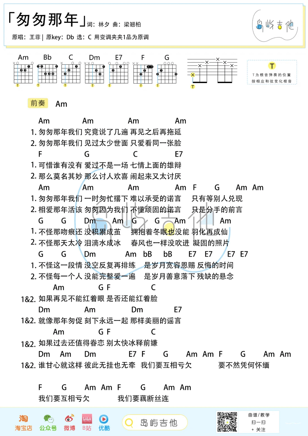 匆匆那年吉他谱_王菲_C调简单版_吉他弹唱六线谱3