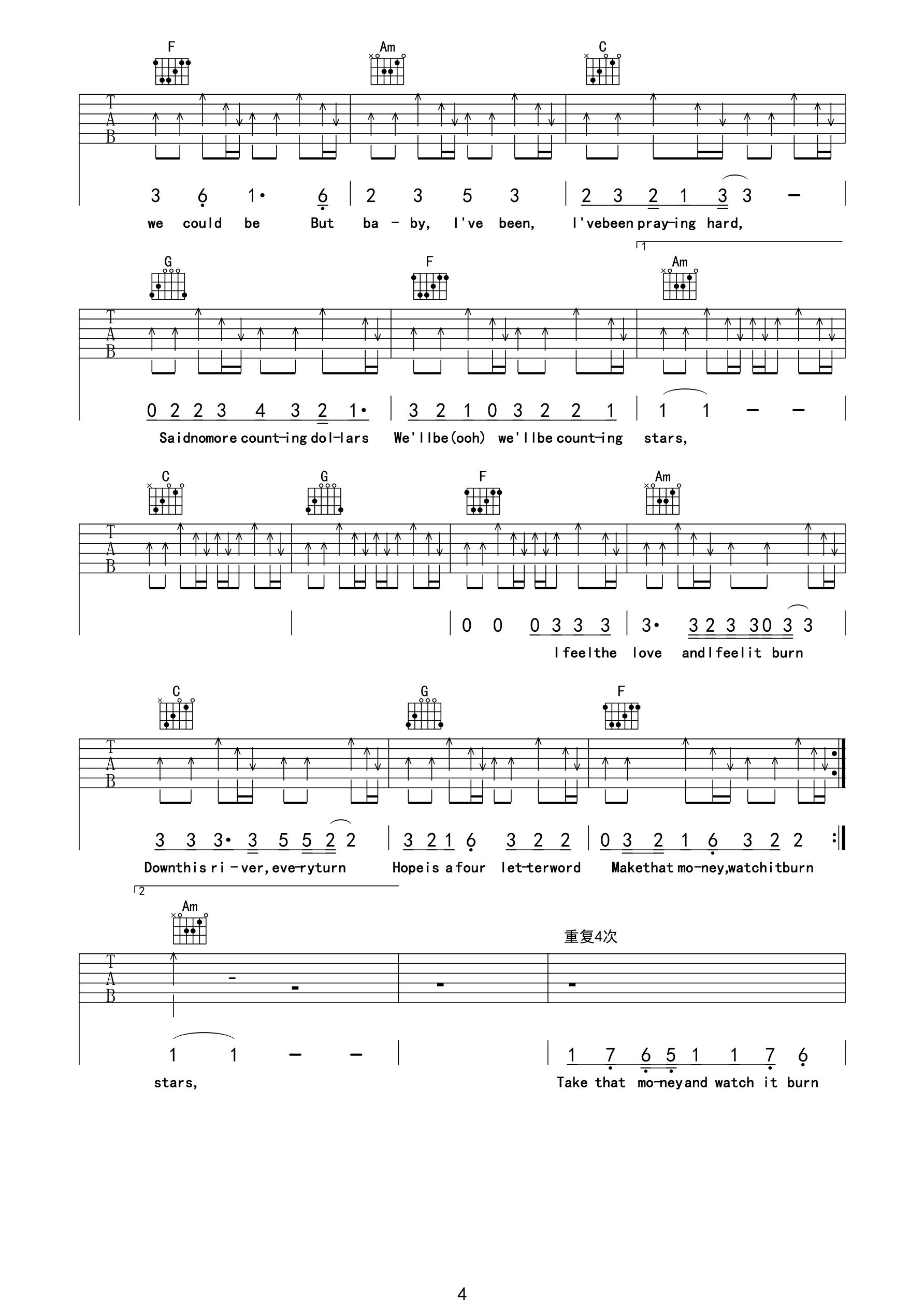 Counting Stars吉他谱 E调_船长与柴郡猫编配_OneRepublic4