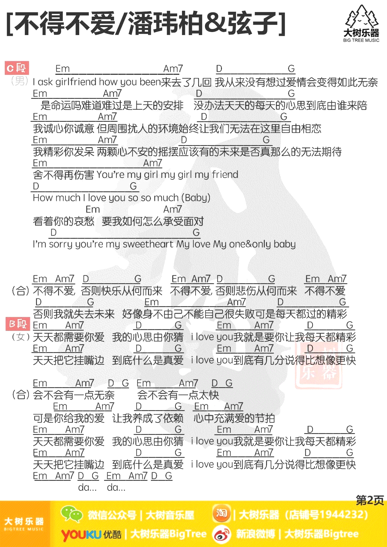 不得不爱吉他谱 潘玮柏&弦子 C调和弦 吉他教学视频2