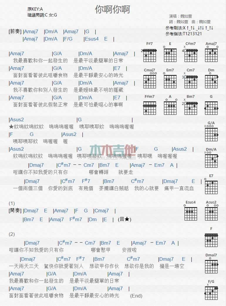 你啊你啊_吉他谱_魏如萱1