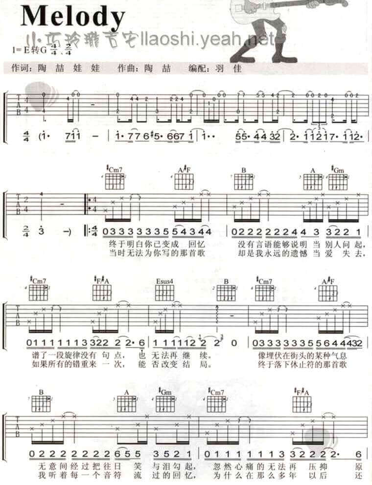 melody吉他谱 G调六线谱-小巧玲珑吉他编配-陶喆1