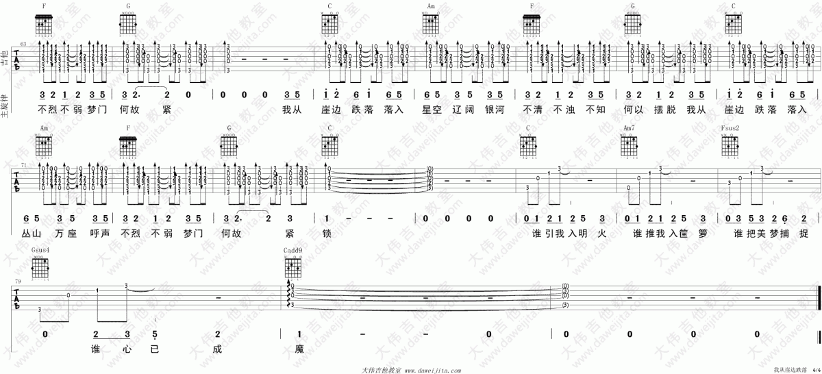 我从崖边跌落_C调吉他谱_谢春花4