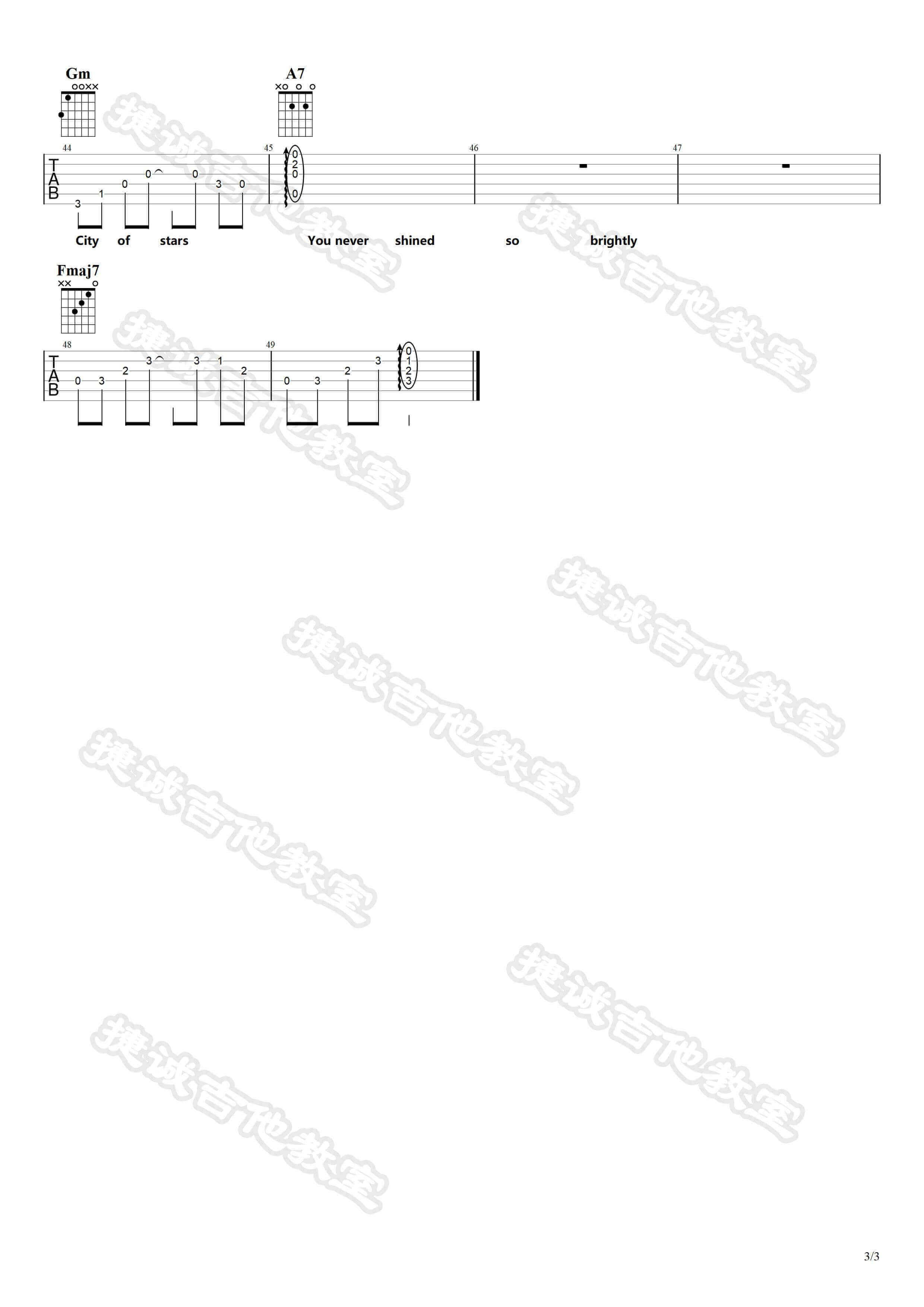 City of stars吉他谱 F调六线谱-捷城吉他教室编配-Ryan Gosling1