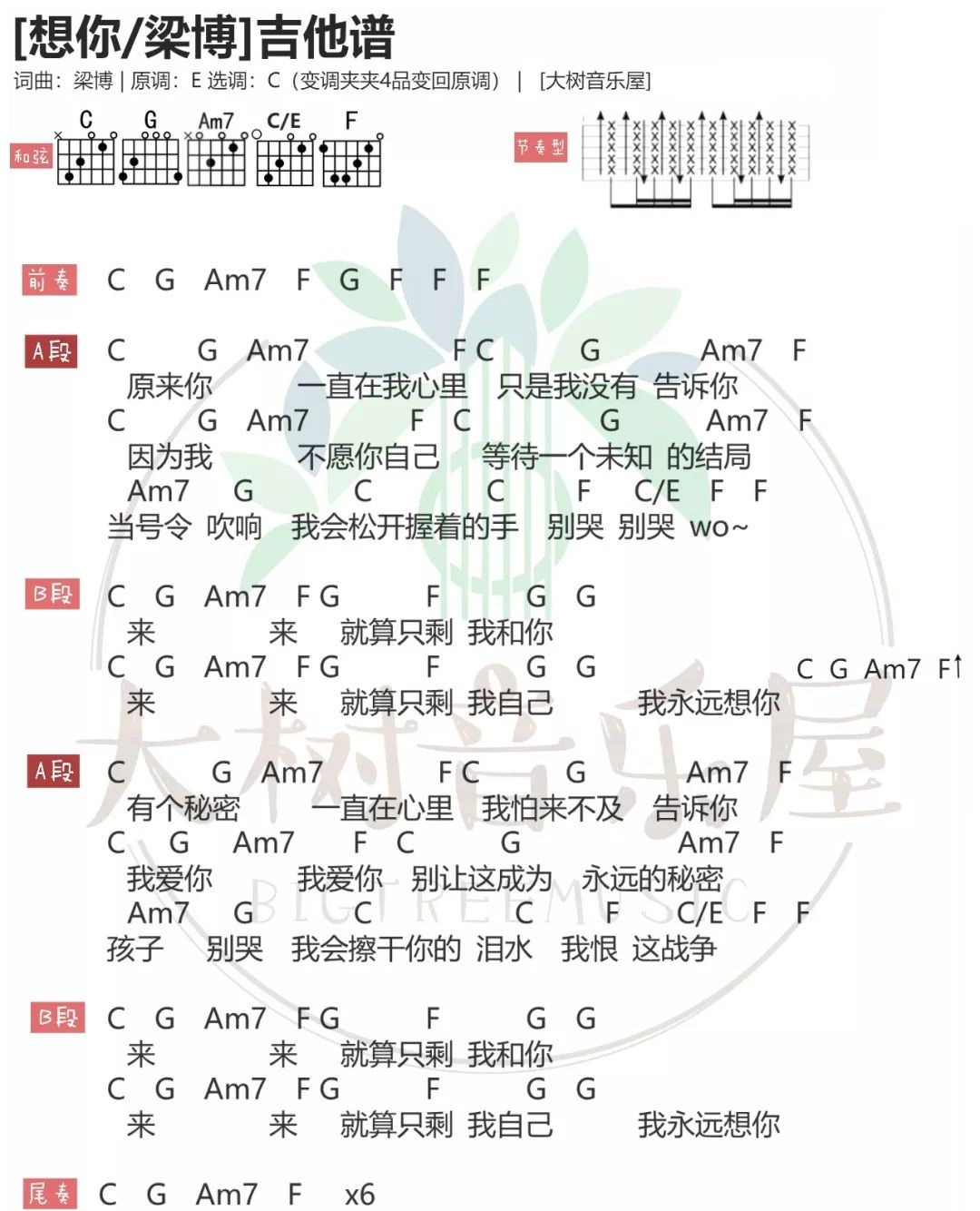 想你吉他谱_梁博_C调指法编配_吉他弹唱和弦谱1