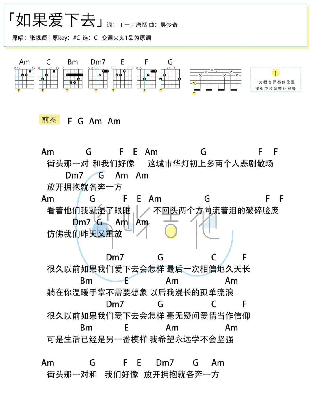 如果爱下去吉他谱-张靓颖-C调简易原版-弹唱图片谱1
