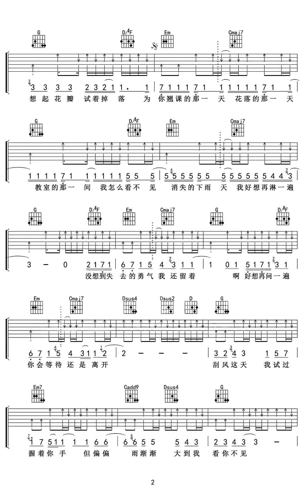 周杰伦《晴天》吉他谱_G调指法六线谱_超原版编配1
