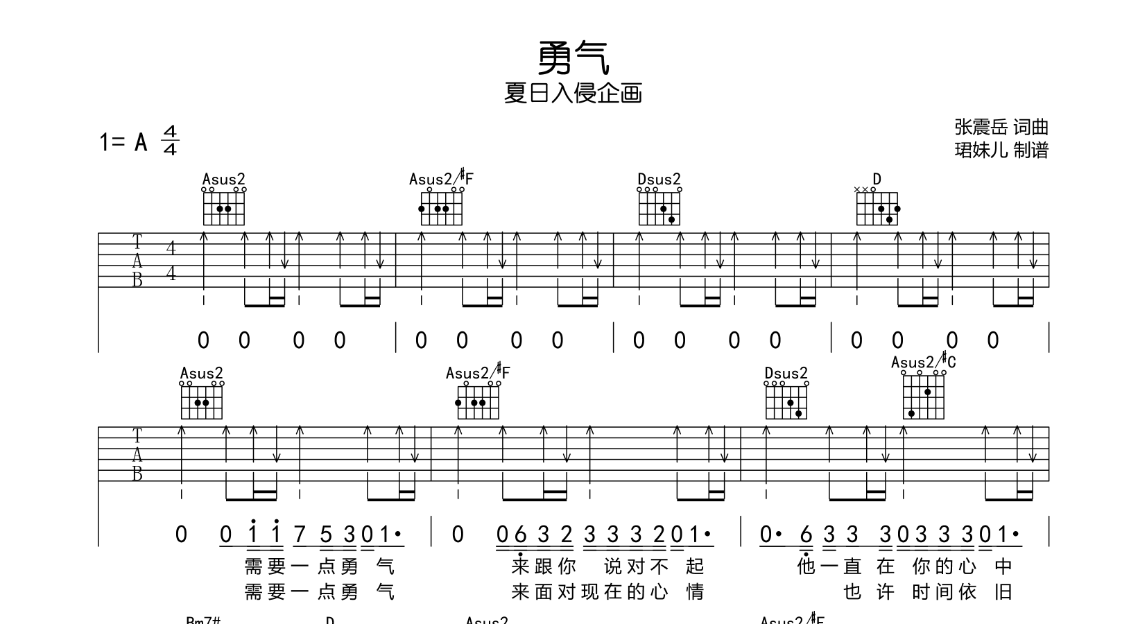 夏日入侵企画《勇气》吉他谱_A调扫弦版_《勇气》吉他弹唱谱1