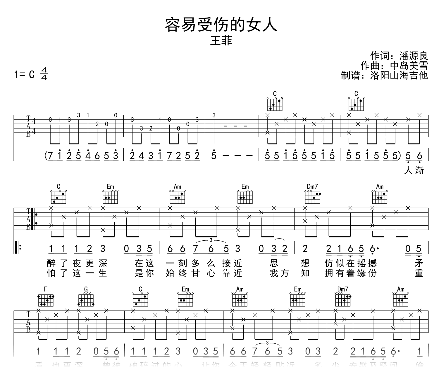 王菲《容易受伤的女人》吉他谱_C调_高清弹唱谱1