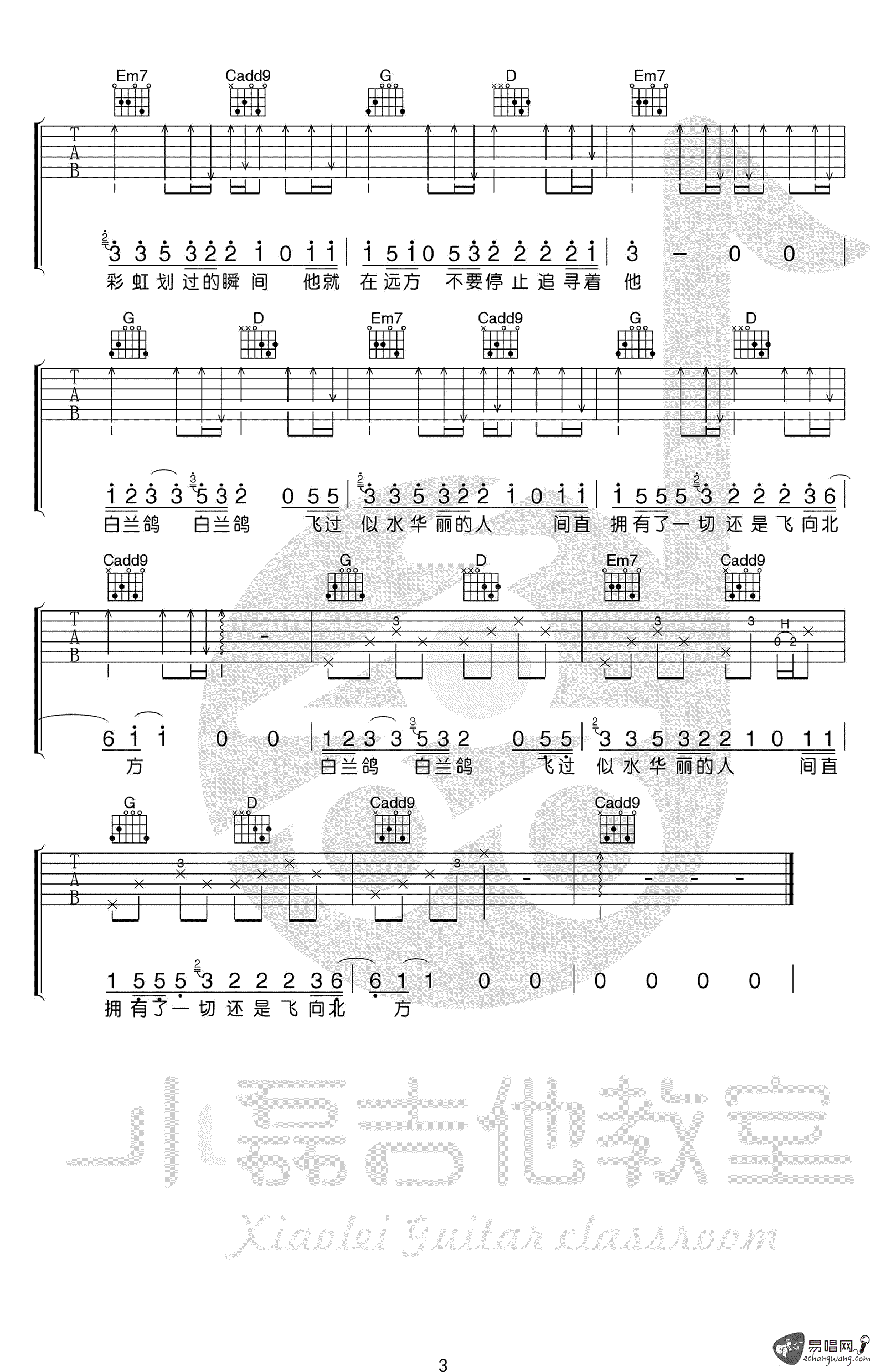 白兰鸽巡游记吉他谱 G调 丢火车乐队 吉他教学视频3