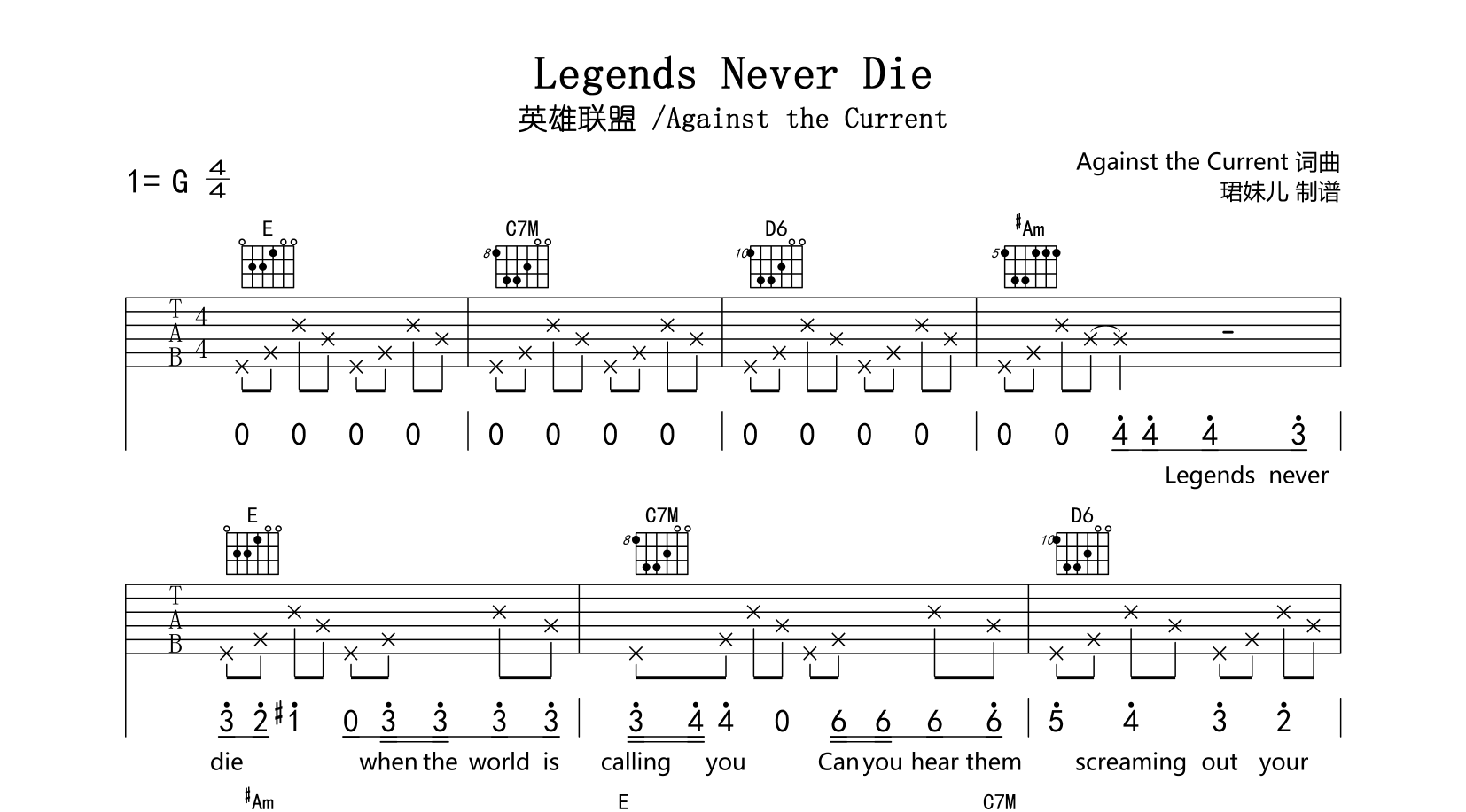 Legends Never Die吉他谱_《传奇永不熄灭》G调吉他弹唱谱_Against the Current1