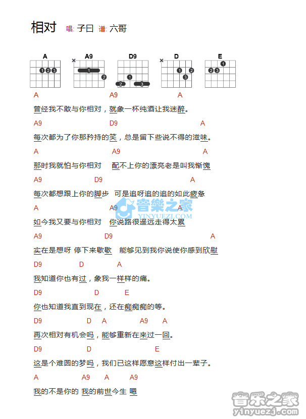 相对吉他谱 A调和弦谱-子曰1