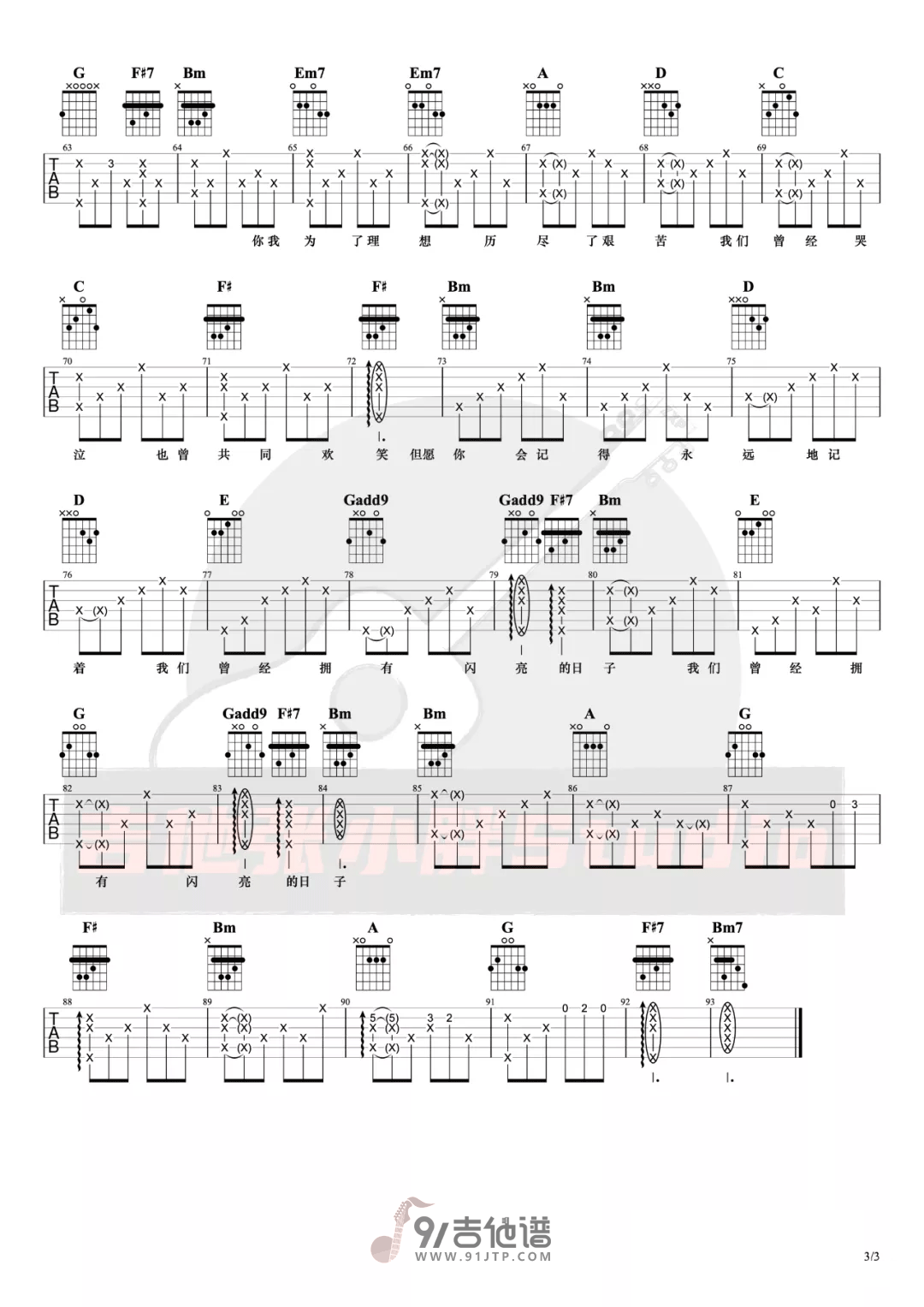 【D调原版】罗大佑《闪亮的日子》吉他谱c Guitar Tabs1