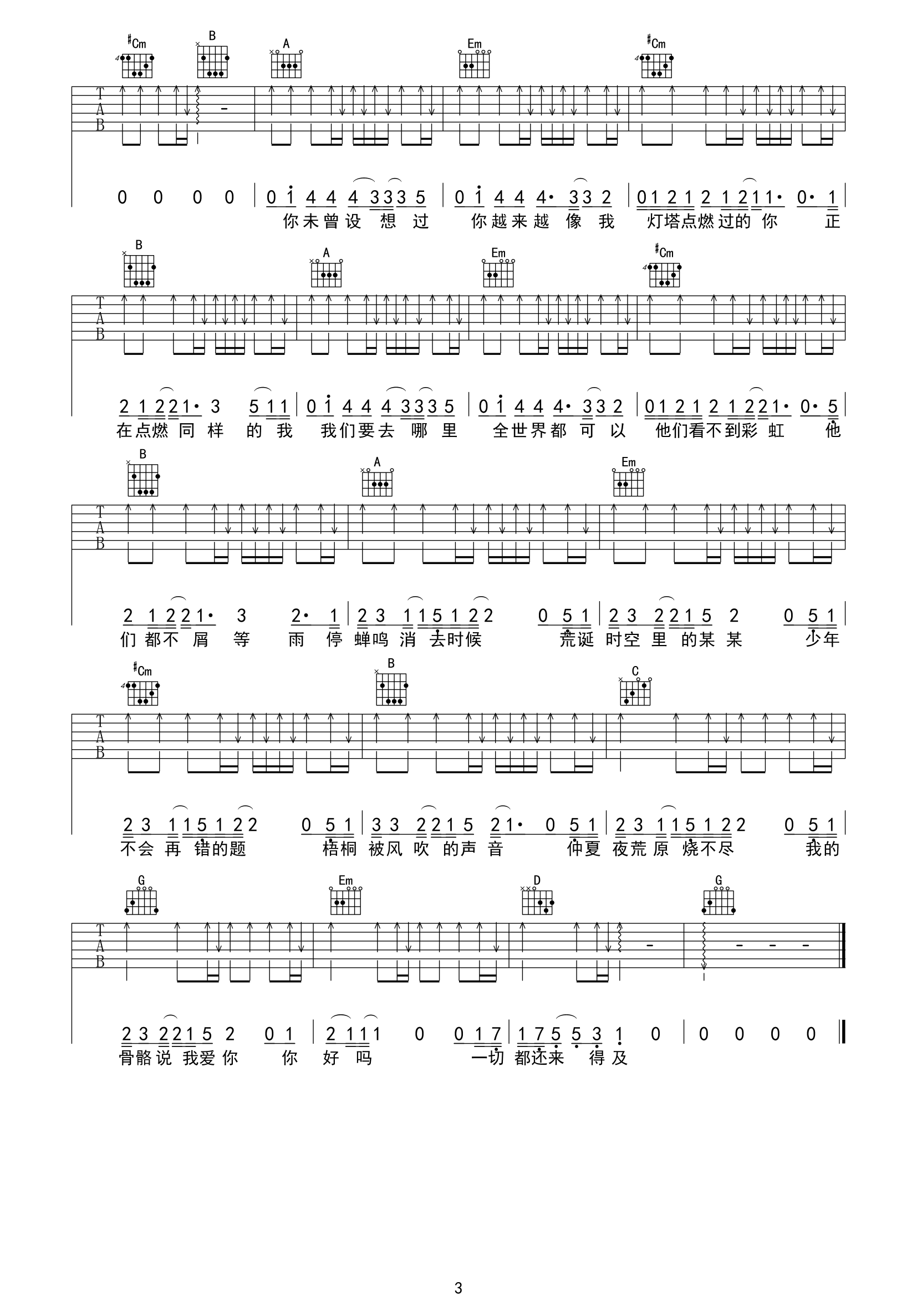 夏夜灯塔吉他谱_沈以诚_G转E调六线谱_《某某》主题曲1