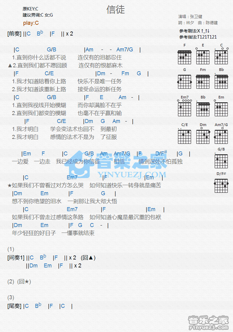 信徒吉他谱 G调和弦谱-张卫健1